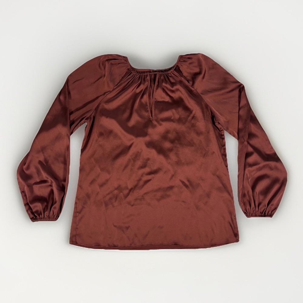 White House Black Market Satin Blouse Womens XS Rust Brown Keyhole Bishop Sleeve